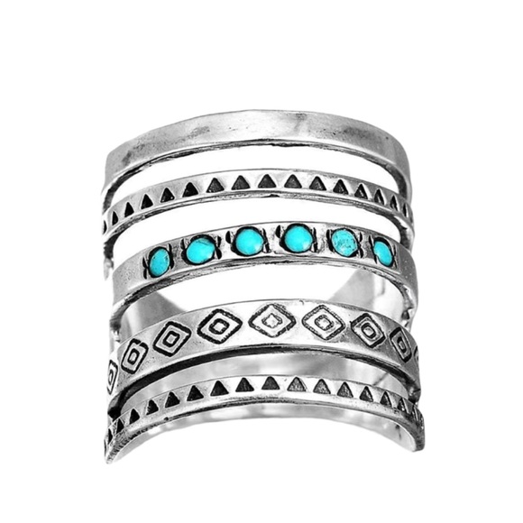 Boho Silver Plated with Turquoise Designed Ring - Picture 3 of 8